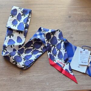 NWT Burberry Blue and Red Strawberry Print Skinny Silk Scarf
